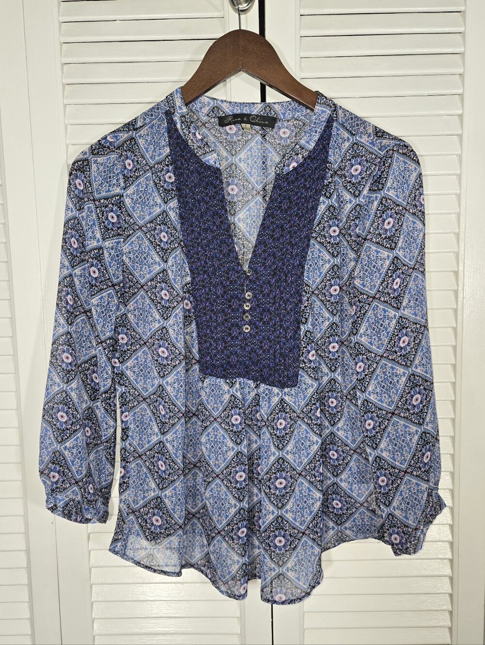 Rose + Olive Sheer Boho Geometric Tile Patchwork Long Sleeve Flowy Blouse Sz S